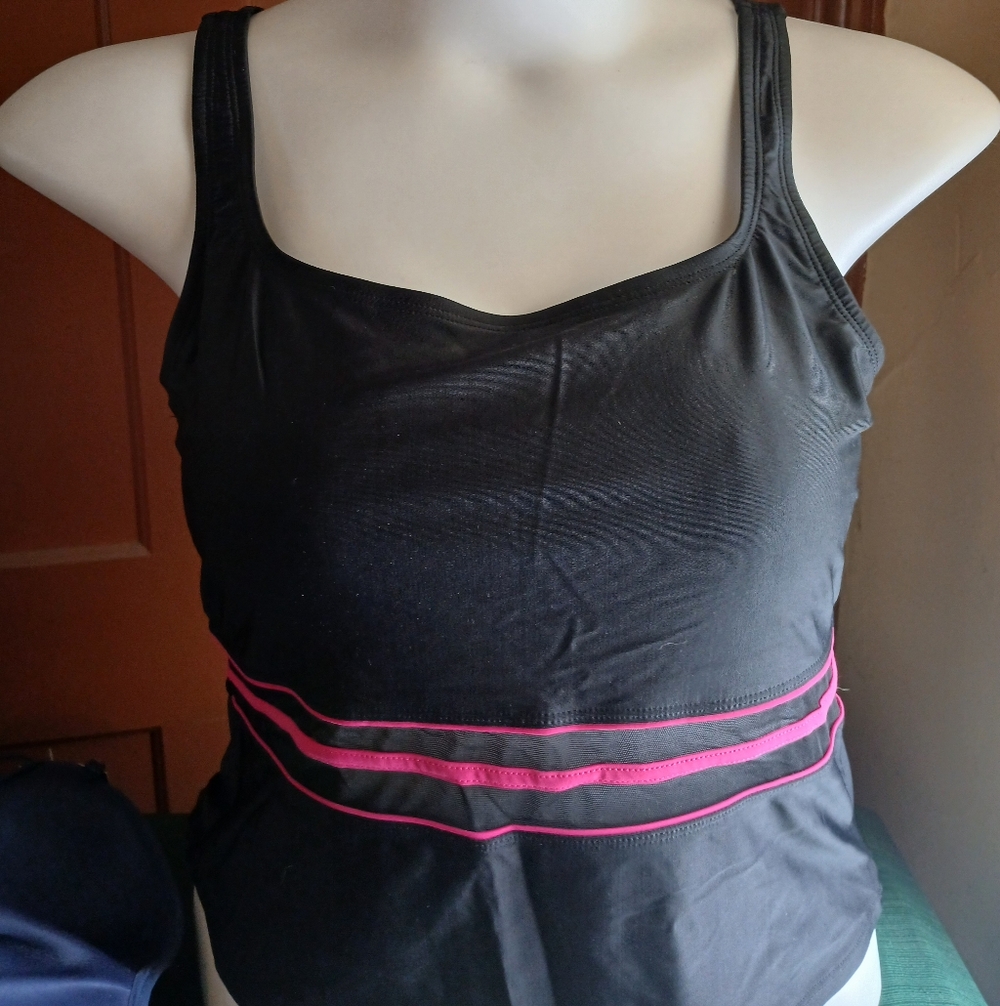 Speedo VTG Two Piece Tankini Swimsuit‎ Tank Set Black& Pink Sheer Center Sz 12